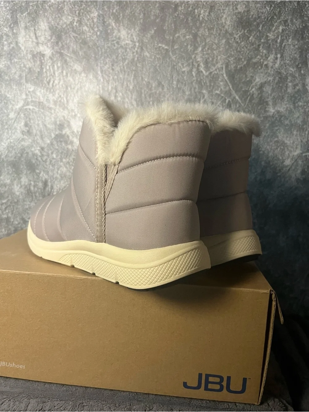 JBU Women's Taupe Quilted Faux-Fur Ankle Boot with Cream Sole